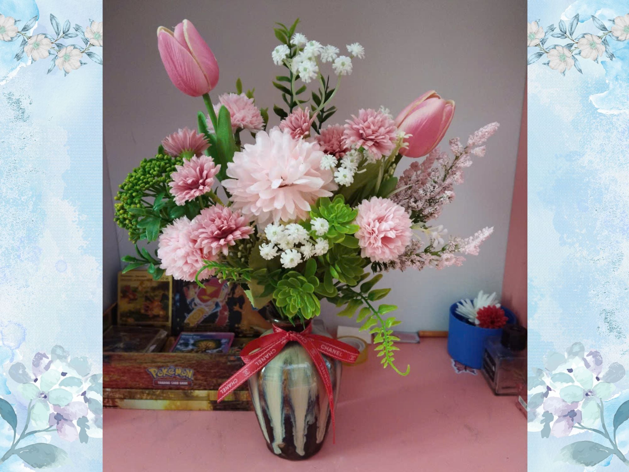 Artistic Silk Flower Arrangement in Luxury Reactive Glaze Vase 35-40cm, Gift Quality