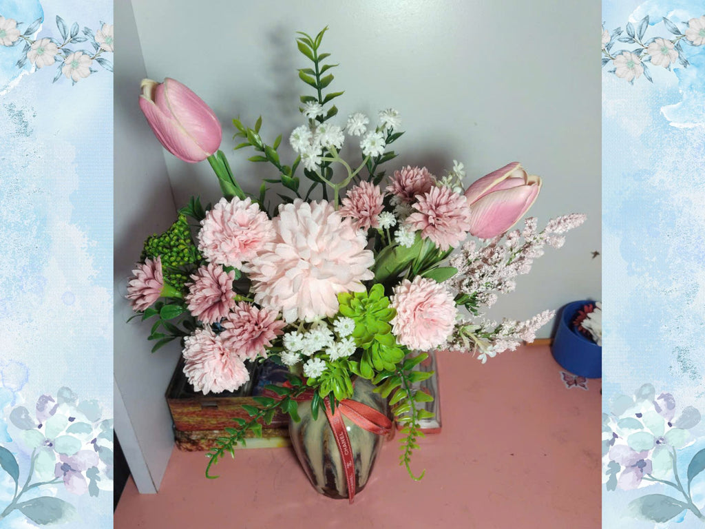 Premium Artificial Silk Flower Arrangement in Kiln-Glazed Ceramic Vase – Elegant Home & Office Decor