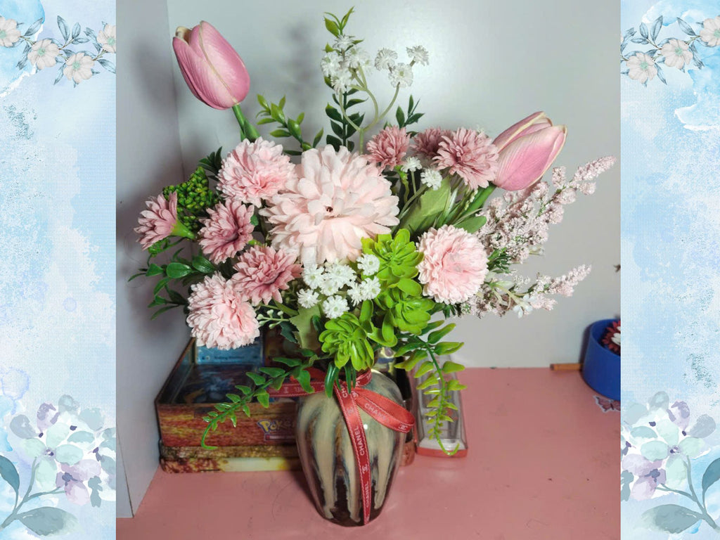 Premium Artificial Silk Flower Arrangement in Kiln-Glazed Ceramic Vase – Elegant Home & Office Decor