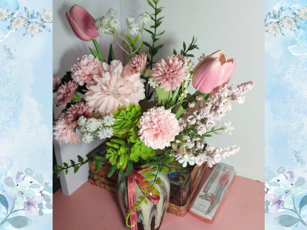 Premium Artificial Silk Flower Arrangement in Kiln-Glazed Ceramic Vase – Elegant Home & Office Decor