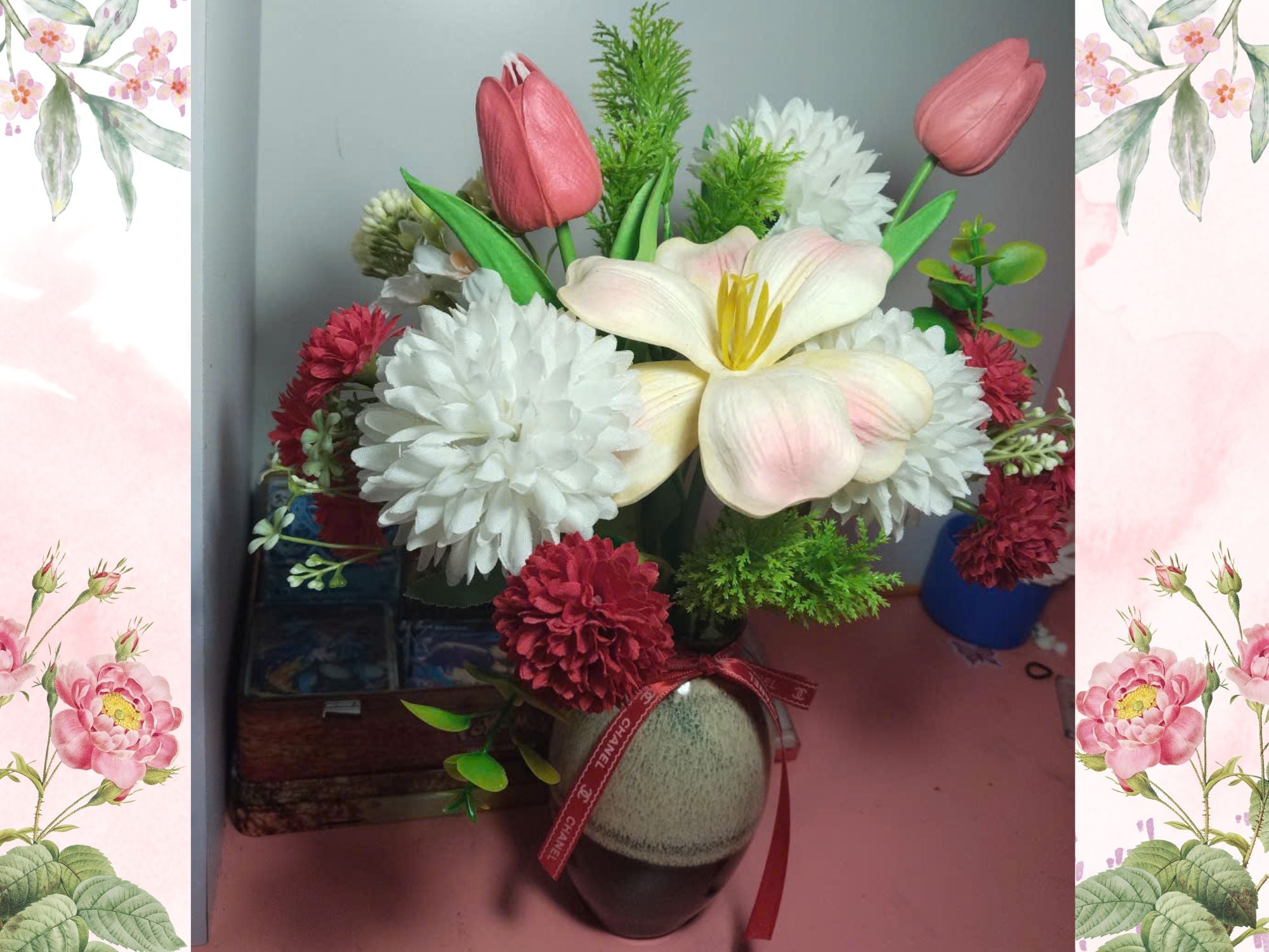 Artistic Silk Flower Display in Reactive Glaze Ceramic Vase – Refined Decorative Accent