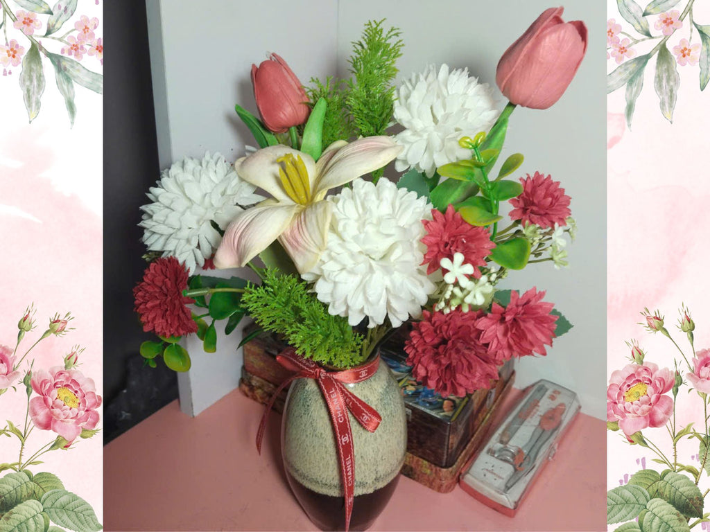 Artistic Silk Flower Display in Reactive Glaze Ceramic Vase – Refined Decorative Accent