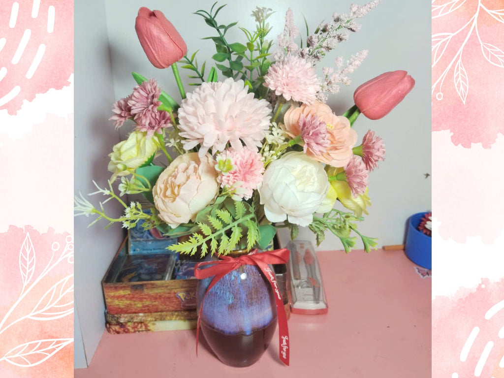 Handcrafted Silk Flower Arrangement in Flambé-Glazed Ceramic Vase – A Statement of Quiet Beauty