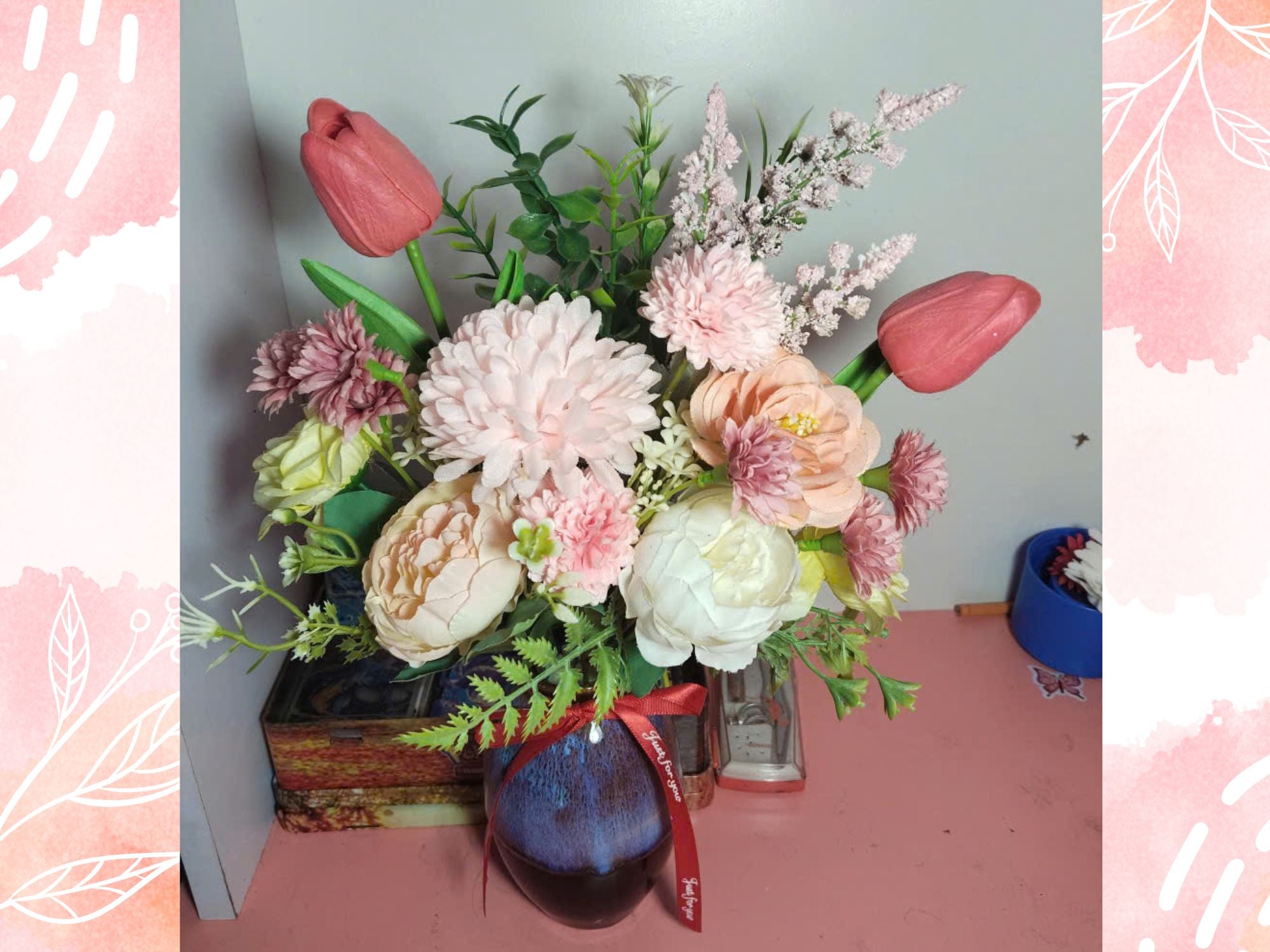 Handcrafted Silk Flower Arrangement in Flambé-Glazed Ceramic Vase – A Statement of Quiet Beauty