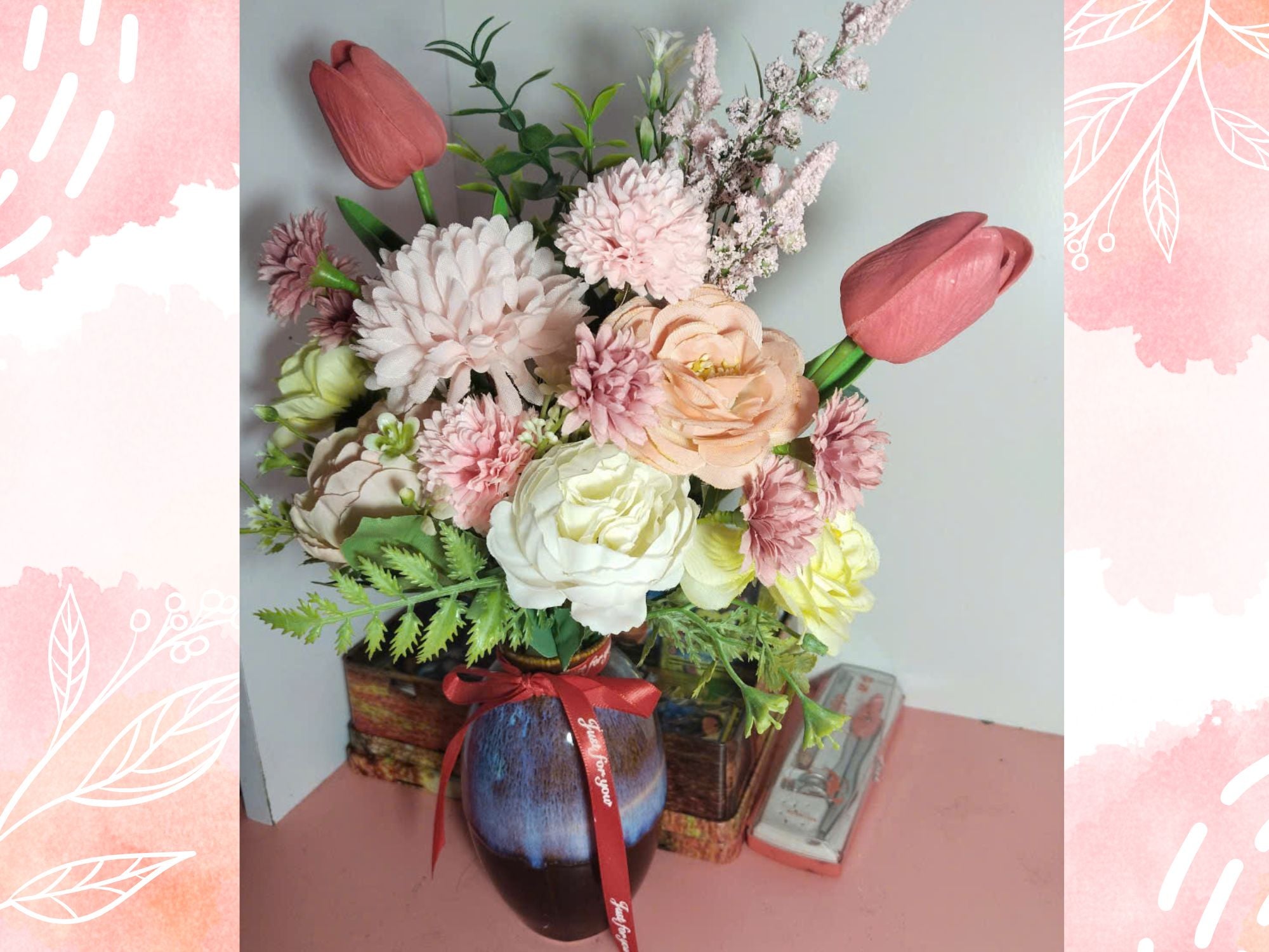 Handcrafted Silk Flower Arrangement in Flambé-Glazed Ceramic Vase – A Statement of Quiet Beauty