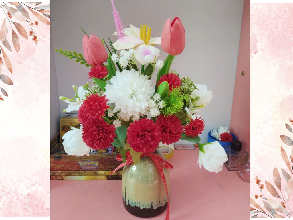 Curated Silk Flower Arrangement with Mixed Florals in Artistic Ceramic Vase