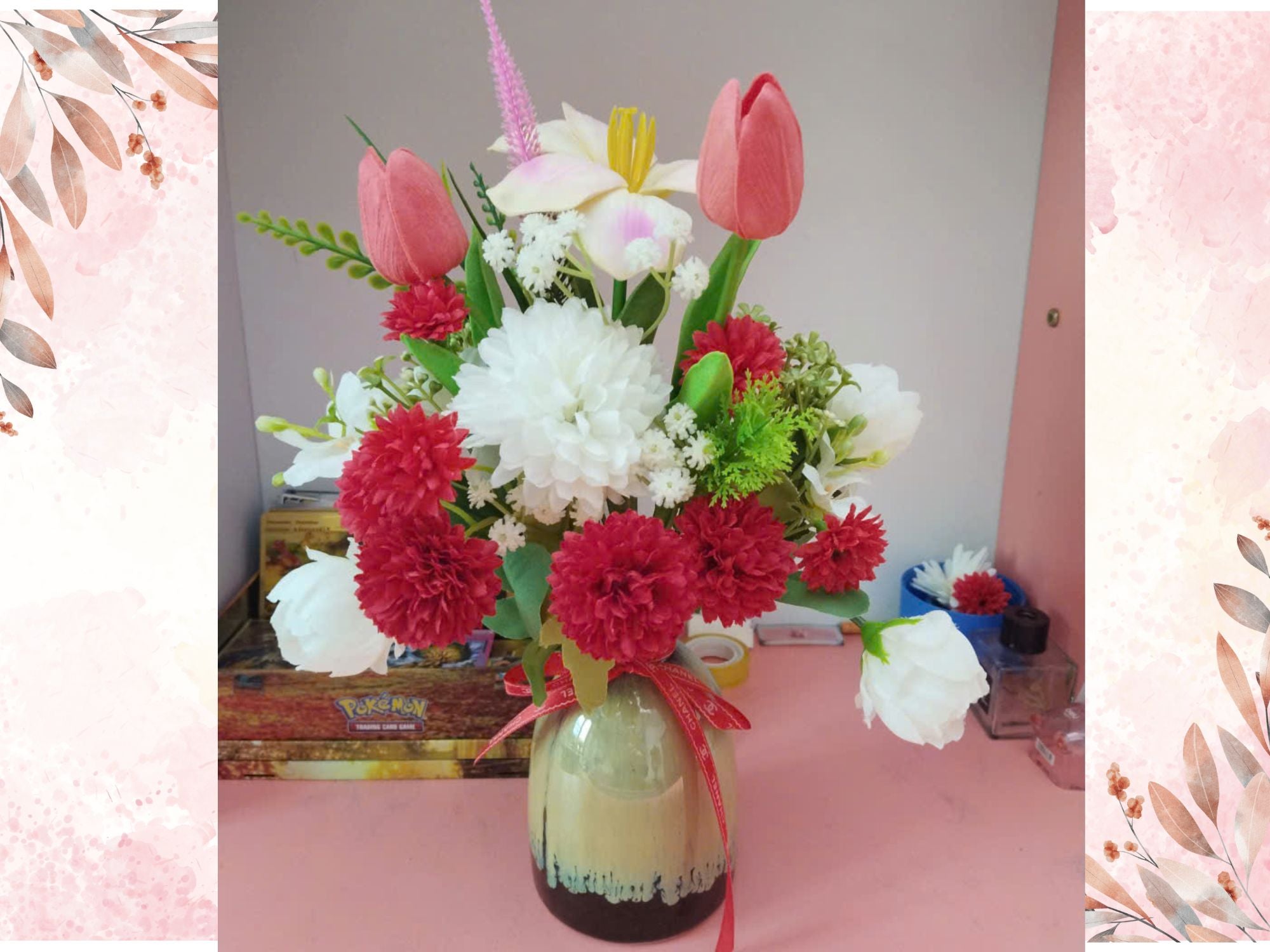 Curated Silk Flower Arrangement with Mixed Florals in Artistic Ceramic Vase