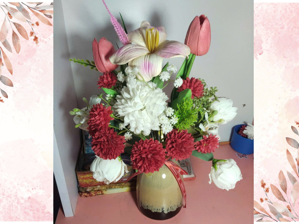 Curated Silk Flower Arrangement with Mixed Florals in Artistic Ceramic Vase