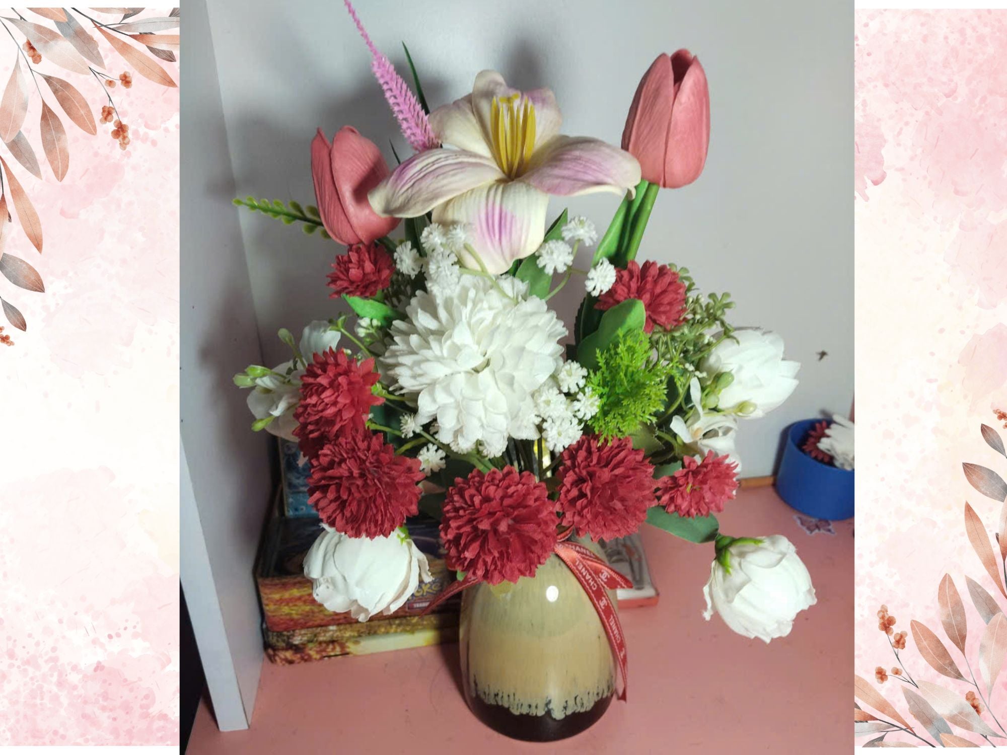 Curated Silk Flower Arrangement with Mixed Florals in Artistic Ceramic Vase