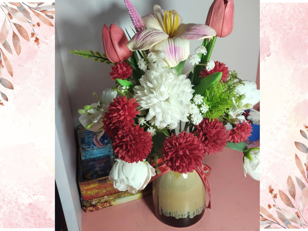 Curated Silk Flower Arrangement with Mixed Florals in Artistic Ceramic Vase