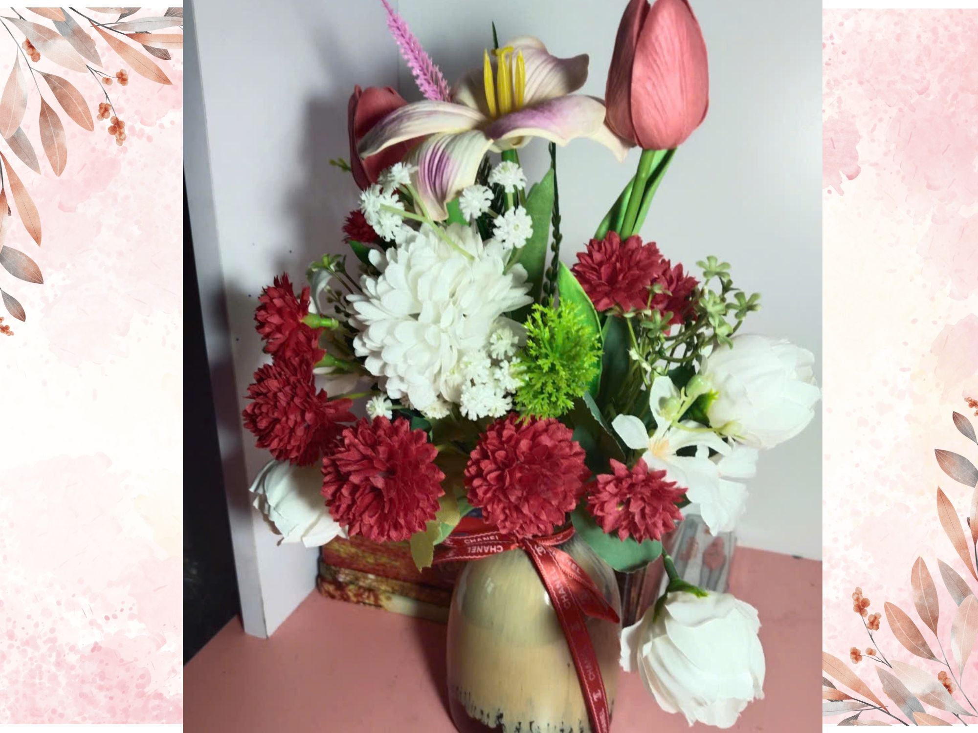 Curated Silk Flower Arrangement with Mixed Florals in Artistic Ceramic Vase
