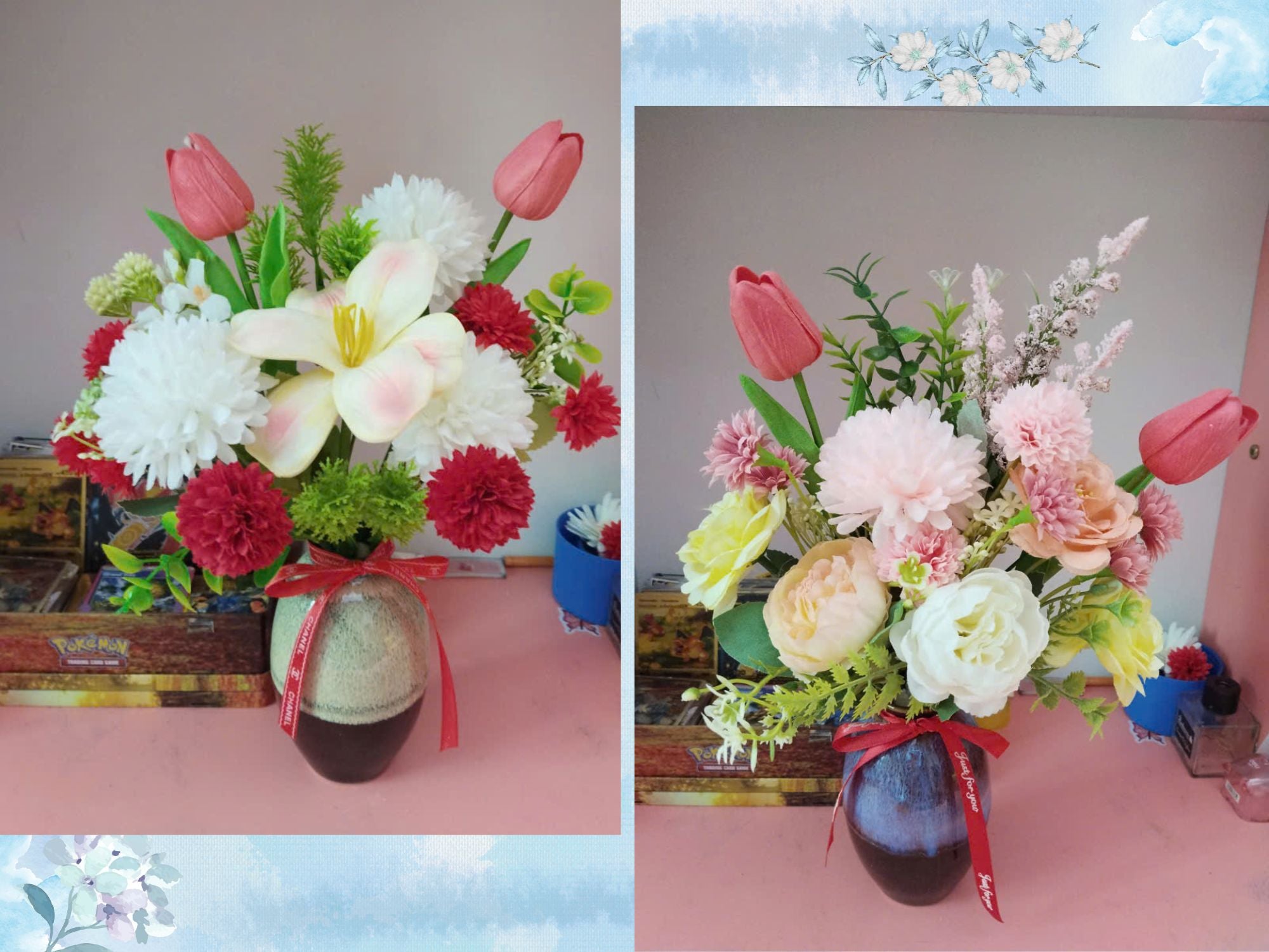 Artistic Silk Flower Arrangement in Luxury Reactive Glaze Vase 35-40cm, Gift Quality