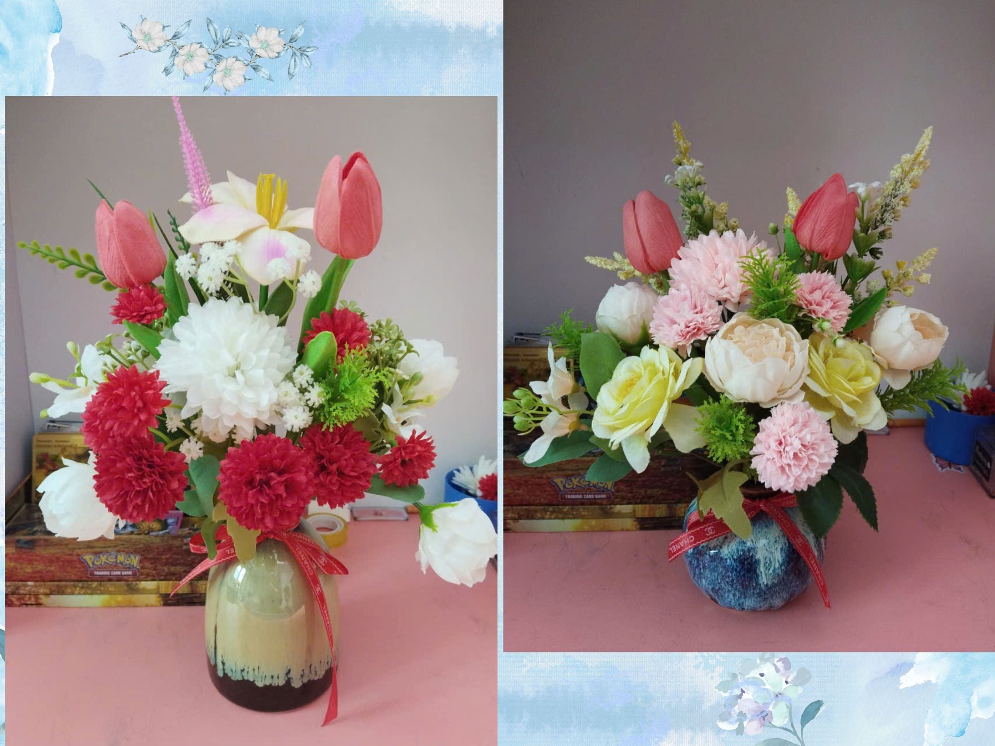 Artistic Silk Flower Arrangement in Luxury Reactive Glaze Vase 35-40cm, Gift Quality