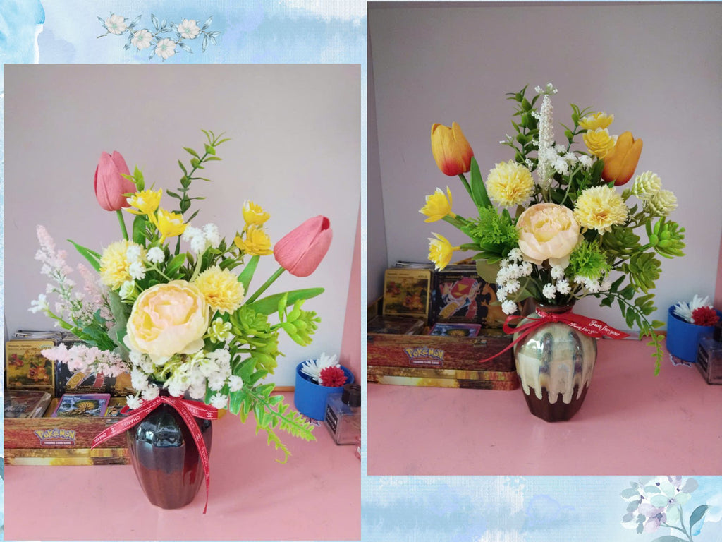 Artistic Silk Flower Arrangement in Luxury Reactive Glaze Vase 35-40cm, Gift Quality