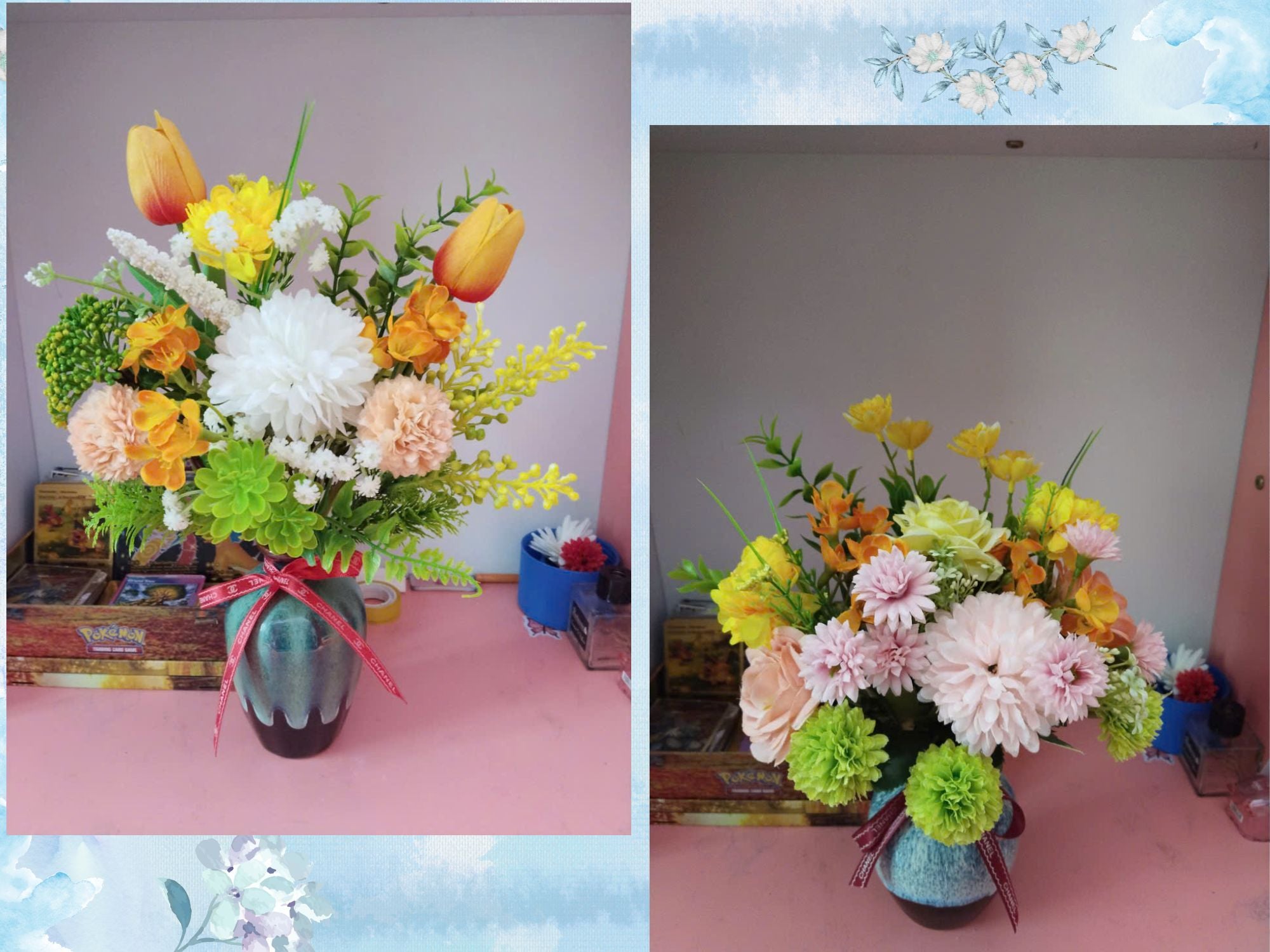 Artistic Silk Flower Arrangement in Luxury Reactive Glaze Vase 35-40cm, Gift Quality