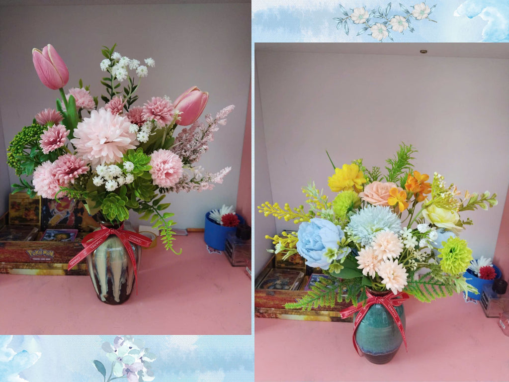 Artistic Silk Flower Arrangement in Luxury Reactive Glaze Vase 35-40cm, Gift Quality
