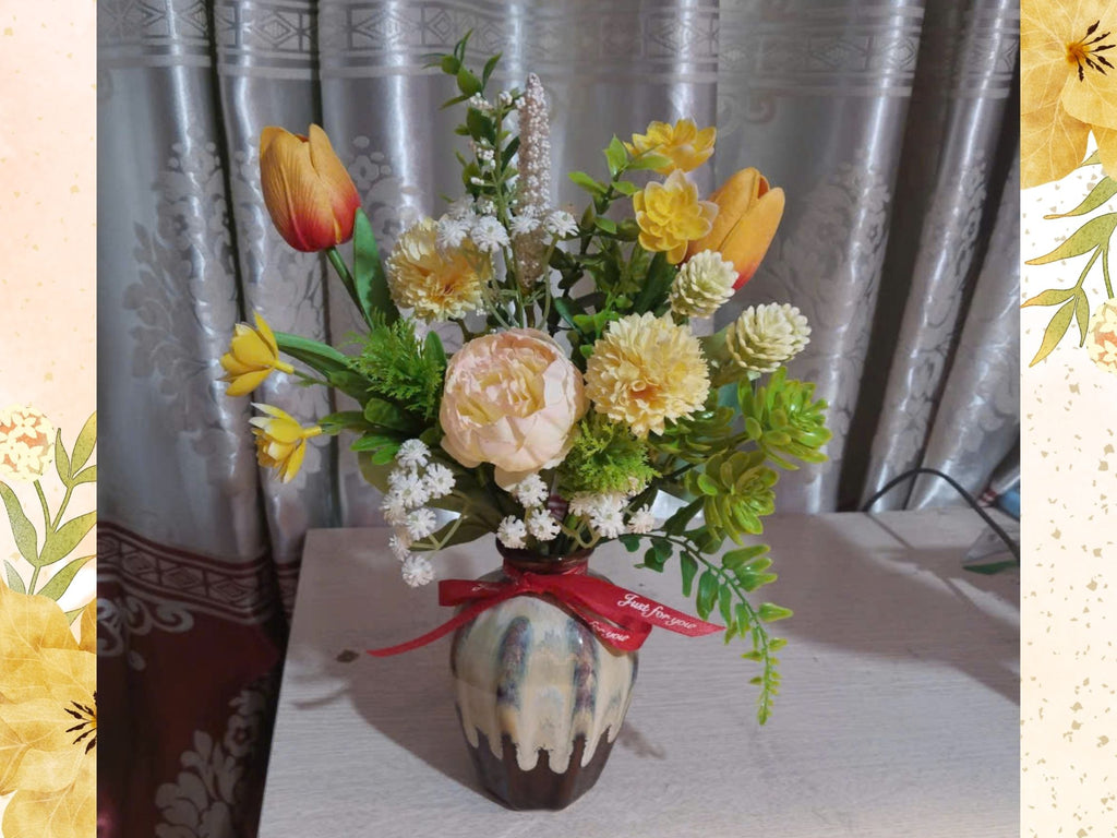 Warm-Toned Silk Flower Arrangement in Flambé-Glazed Ceramic Vase – Elegant Golden Accent Decor