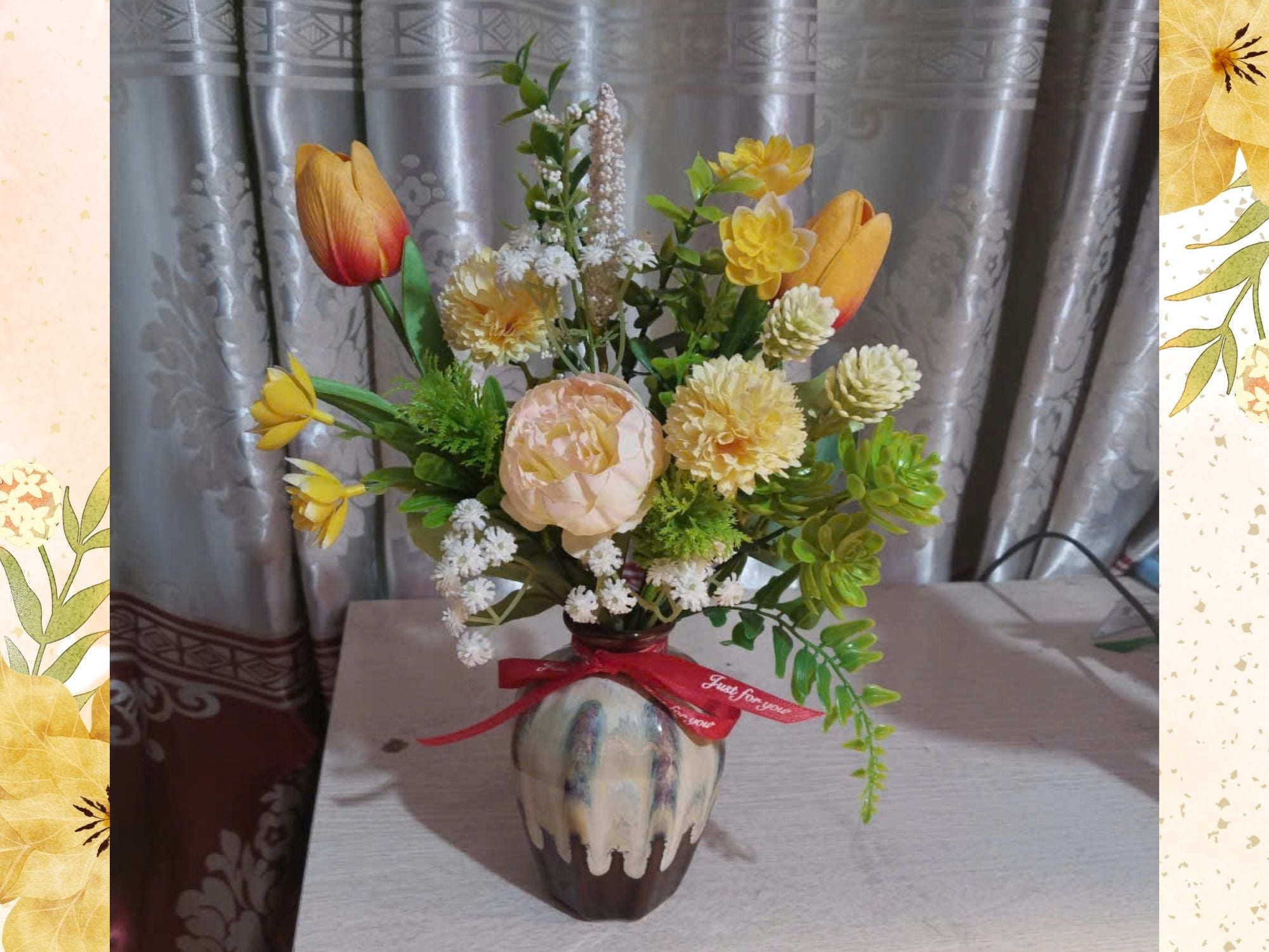Warm-Toned Silk Flower Arrangement in Flambé-Glazed Ceramic Vase – Elegant Golden Accent Decor
