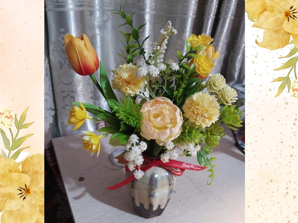 Warm-Toned Silk Flower Arrangement in Flambé-Glazed Ceramic Vase – Elegant Golden Accent Decor