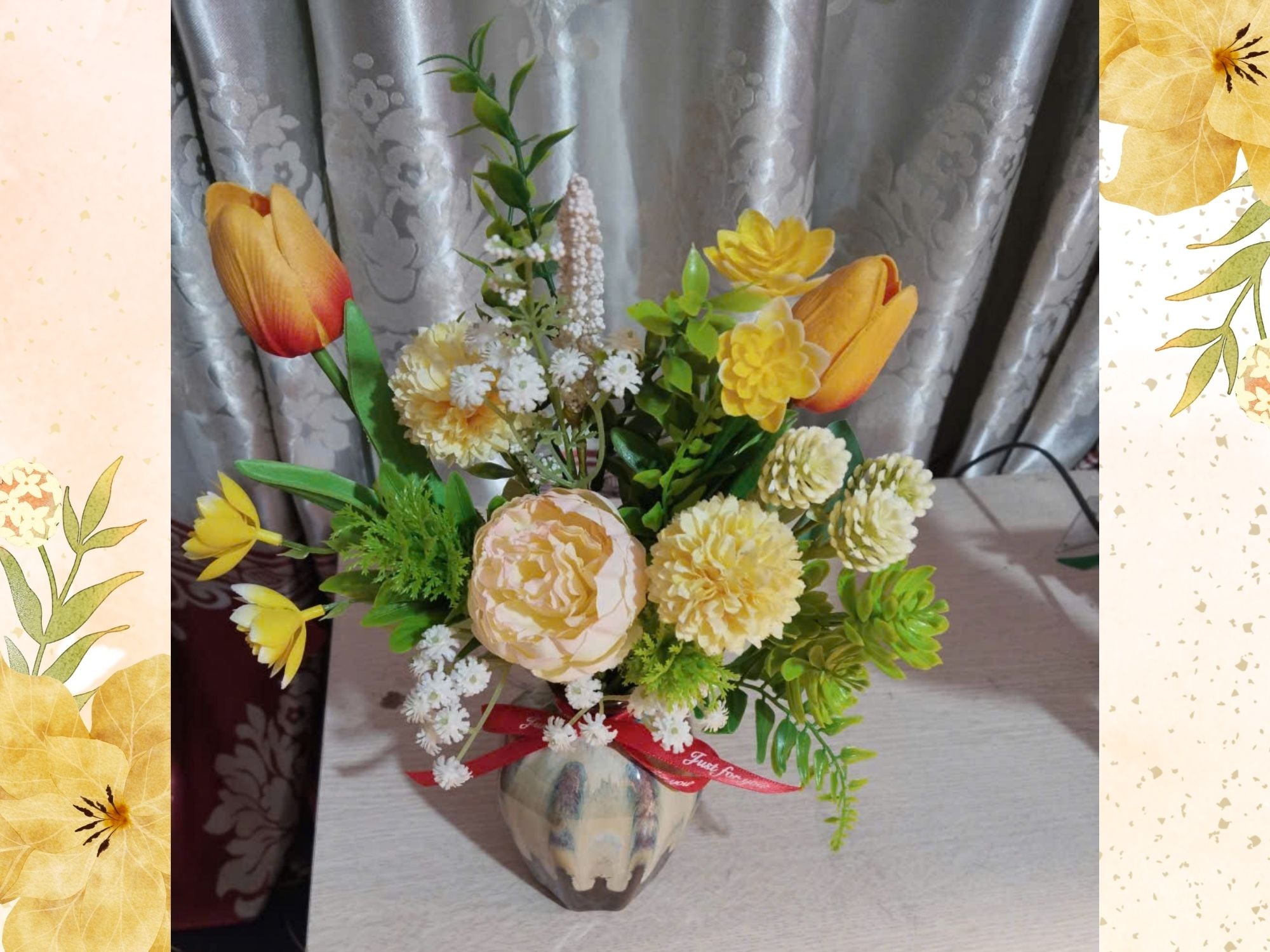 Warm-Toned Silk Flower Arrangement in Flambé-Glazed Ceramic Vase – Elegant Golden Accent Decor