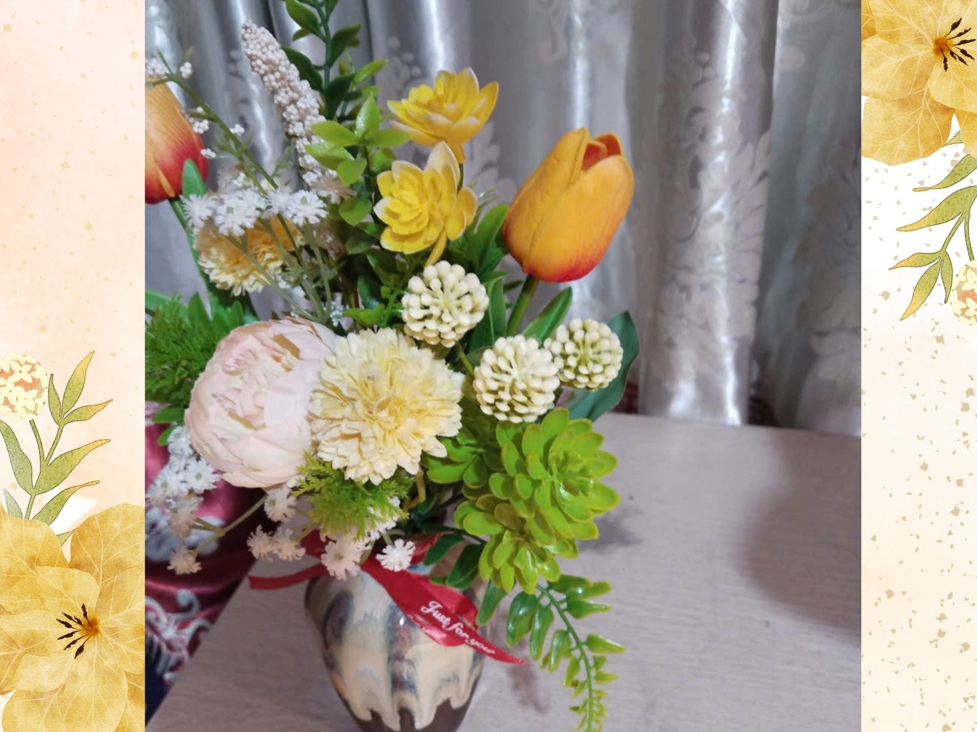 Warm-Toned Silk Flower Arrangement in Flambé-Glazed Ceramic Vase – Elegant Golden Accent Decor