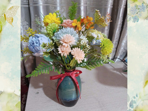 Elegant Blue-Toned Silk Flower Arrangement in Reactive Glaze Vase
