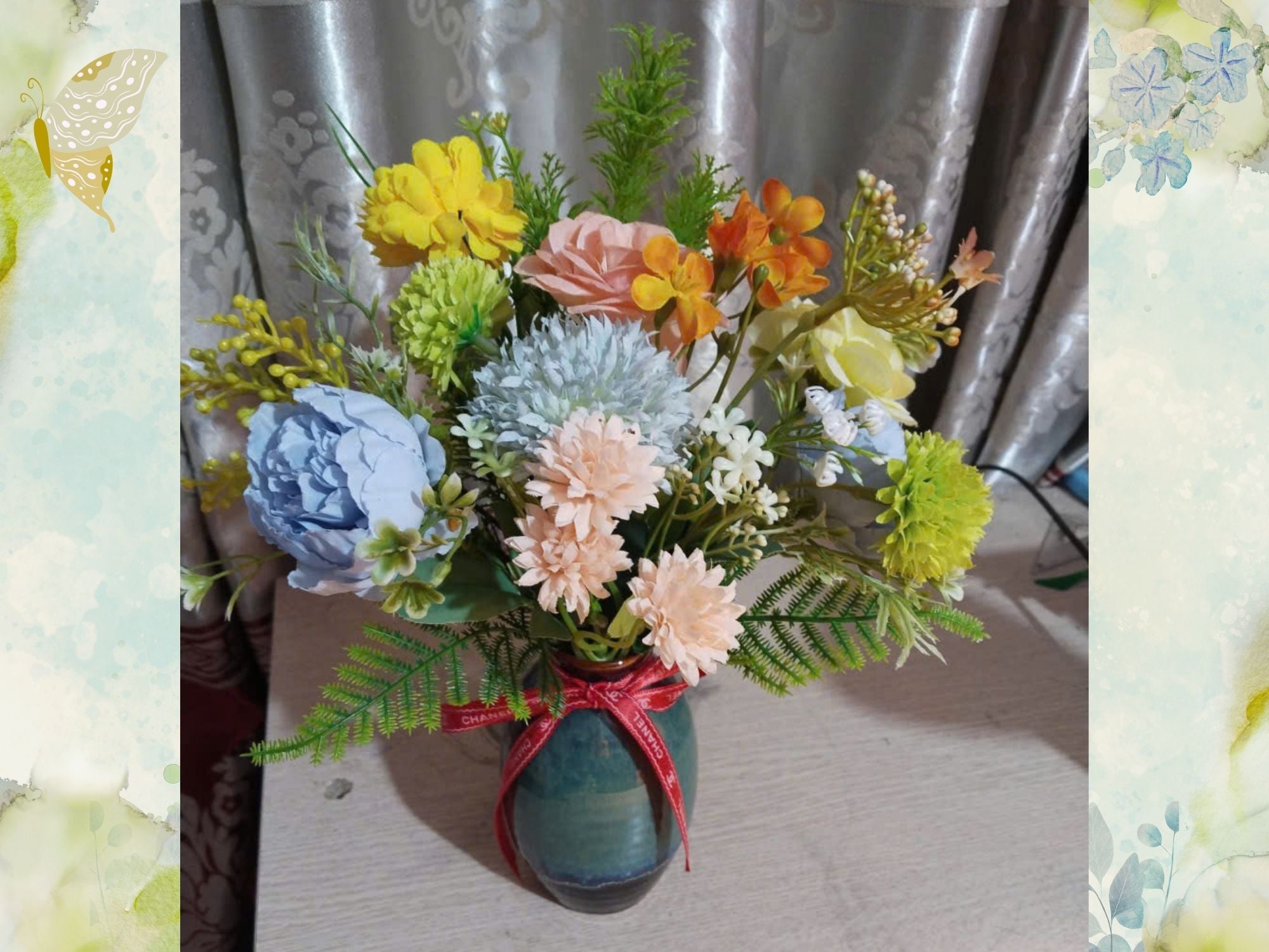 Artistic Silk Flower Arrangement in Luxury Reactive Glaze Vase 35-40cm, Gift Quality