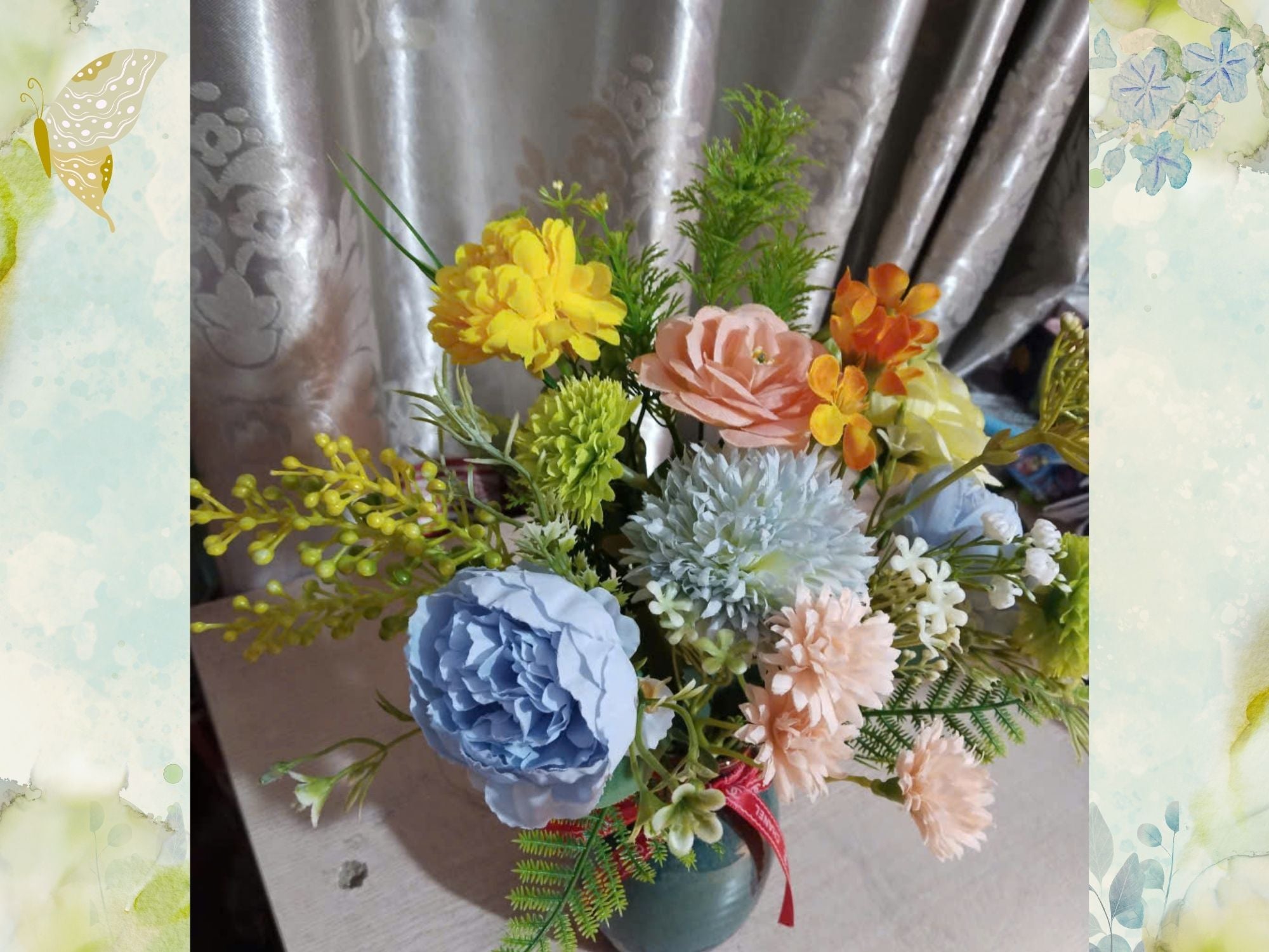 Elegant Blue-Toned Silk Flower Arrangement in Reactive Glaze Vase