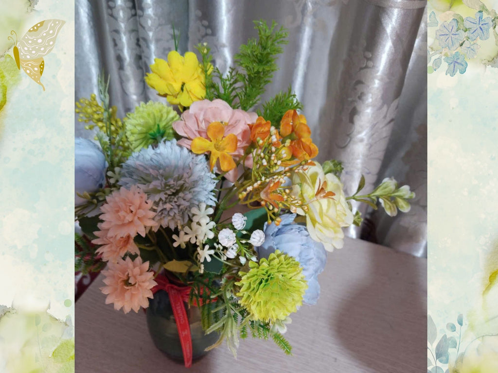 Elegant Blue-Toned Silk Flower Arrangement in Reactive Glaze Vase