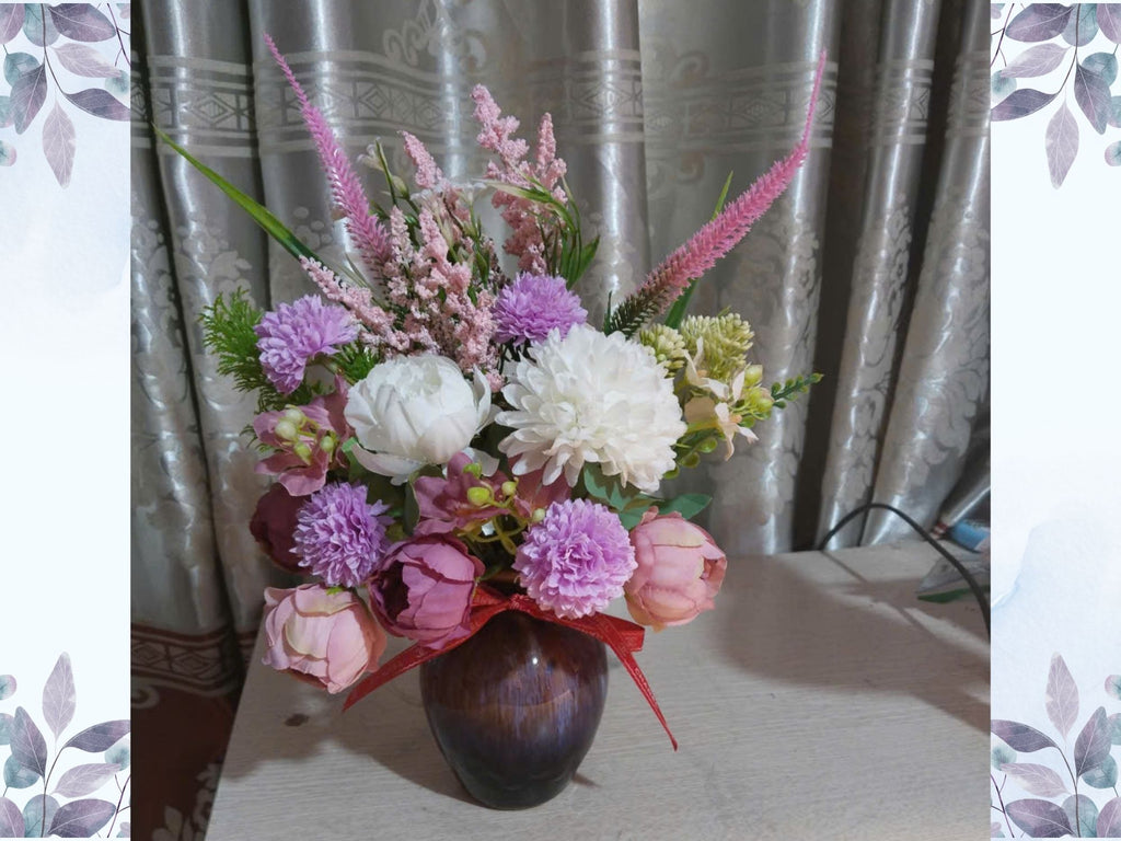 Refined Purple Silk Flower Arrangement in Reactive Glaze Ceramic Vase