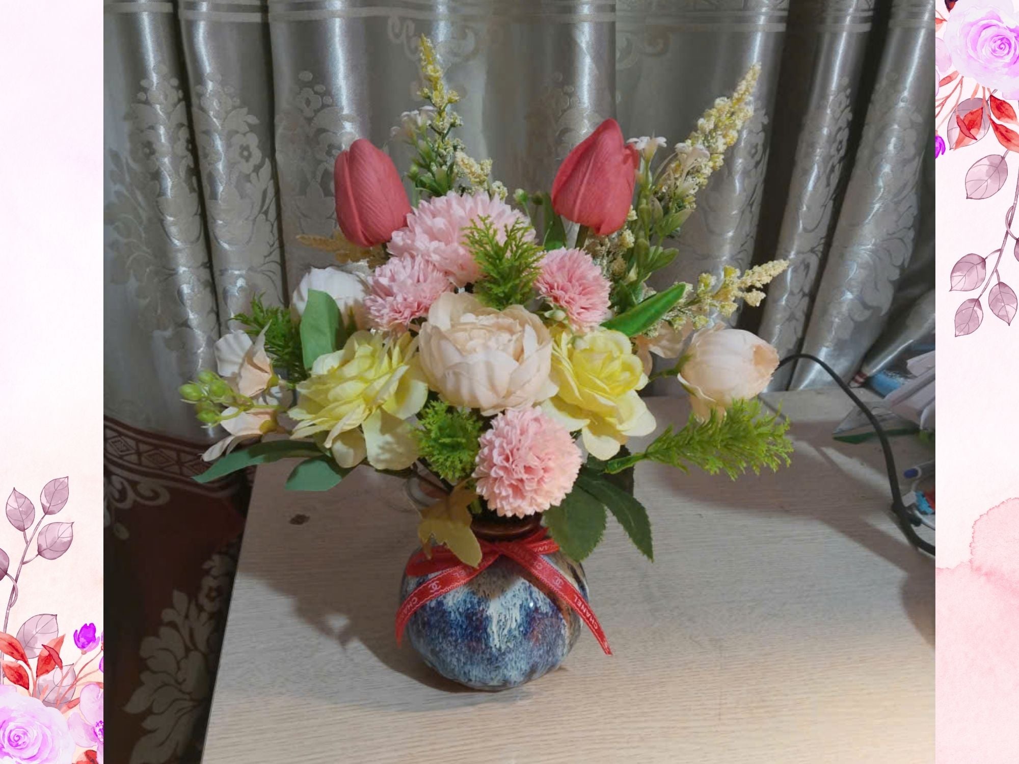 Artistic Silk Flower Arrangement in Luxury Reactive Glaze Vase 35-40cm, Gift Quality