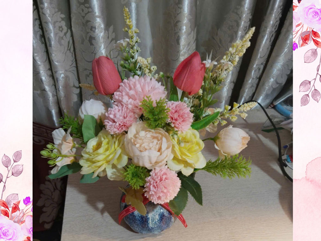 Multicolor Silk Flower Arrangement in Reactive Glaze Ceramic Vase