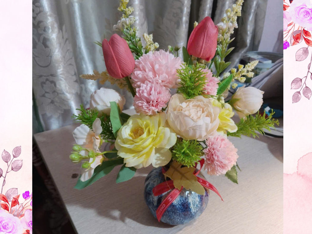 Multicolor Silk Flower Arrangement in Reactive Glaze Ceramic Vase