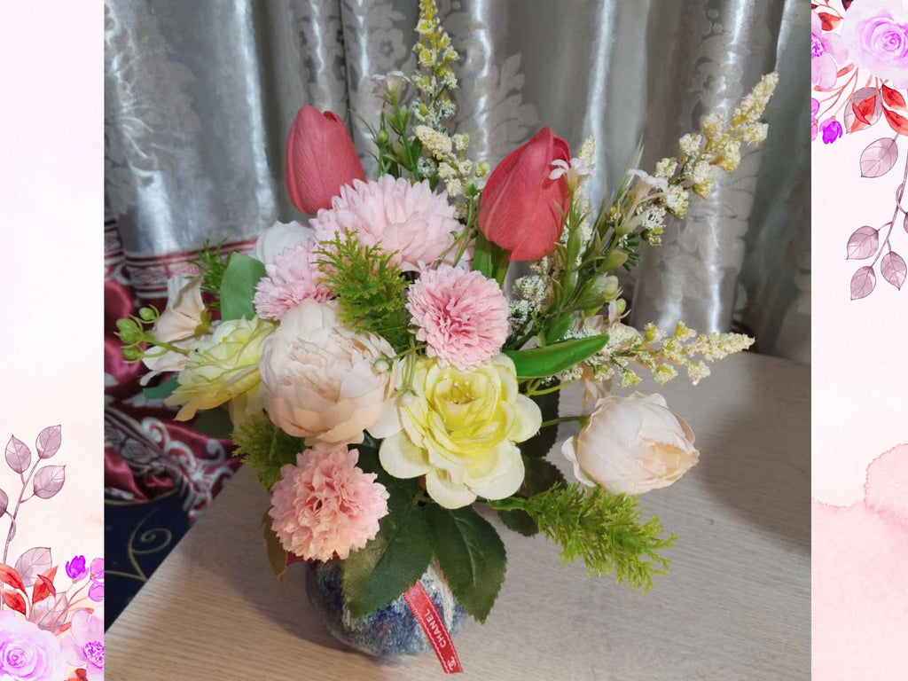 Multicolor Silk Flower Arrangement in Reactive Glaze Ceramic Vase