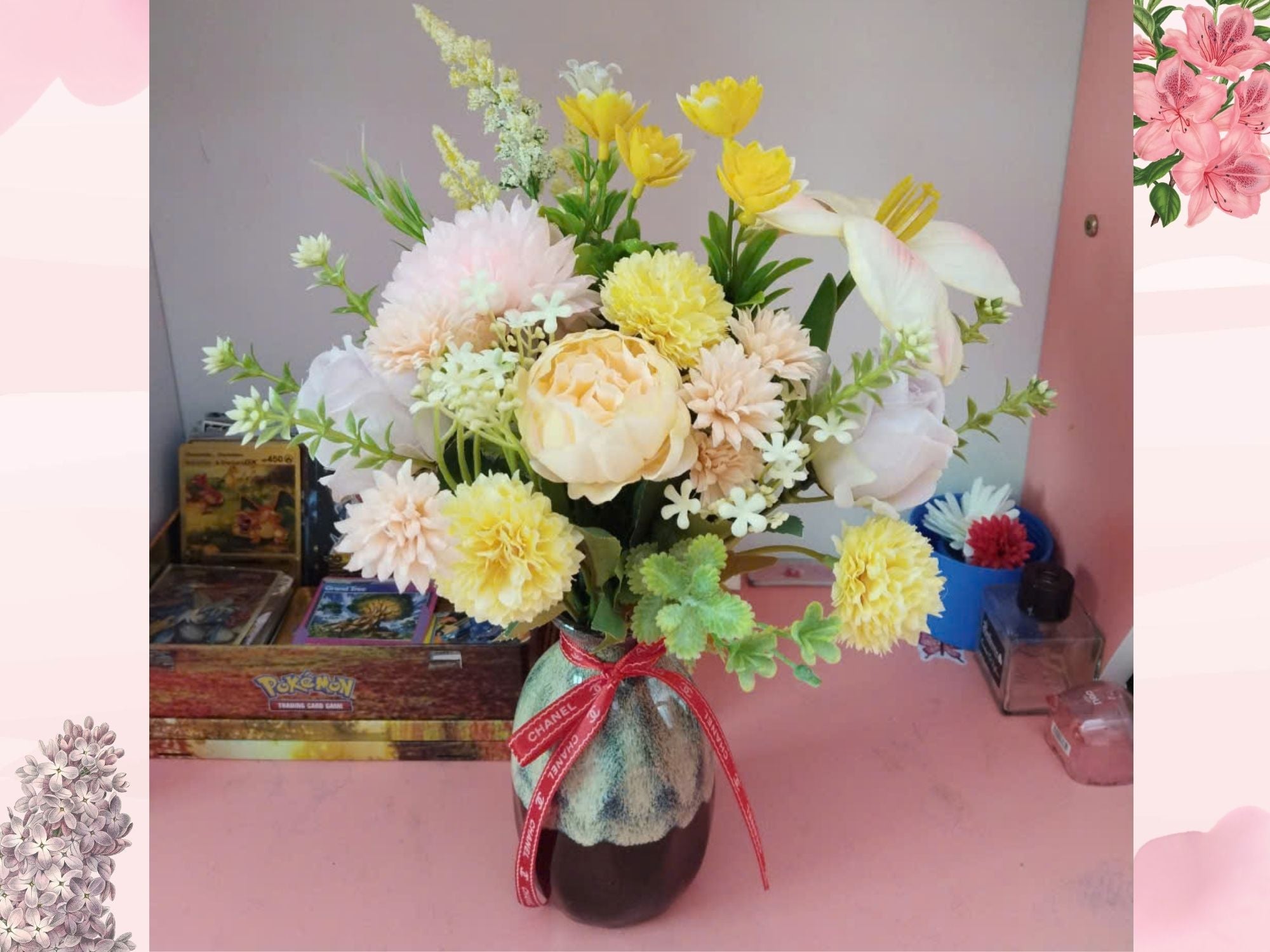 Artistic Silk Flower Arrangement in Luxury Reactive Glaze Vase 35-40cm, Gift Quality