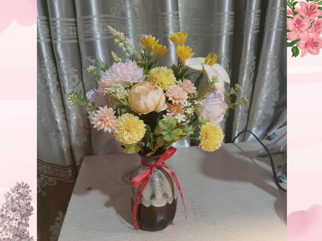 Luxury Rose-Gold Silk Flower Arrangement in Reactive Glaze Ceramic Vase