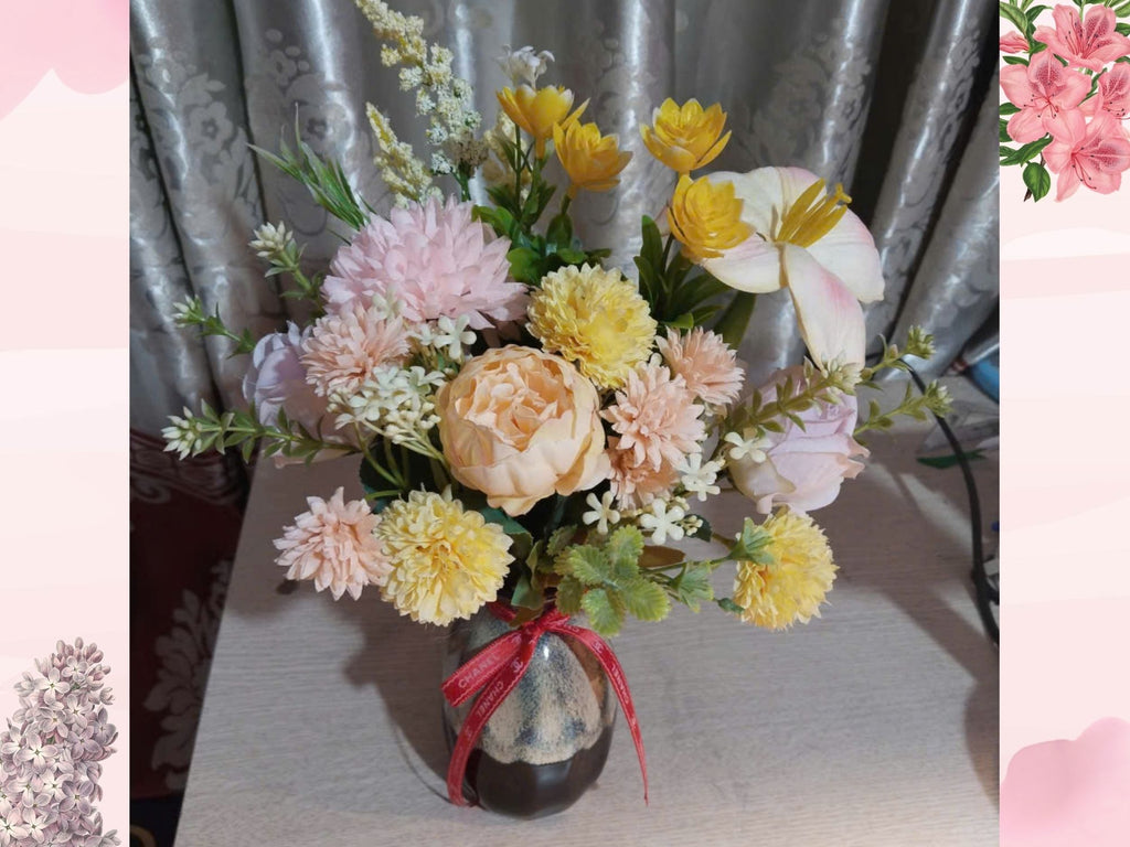 Luxury Rose-Gold Silk Flower Arrangement in Reactive Glaze Ceramic Vase