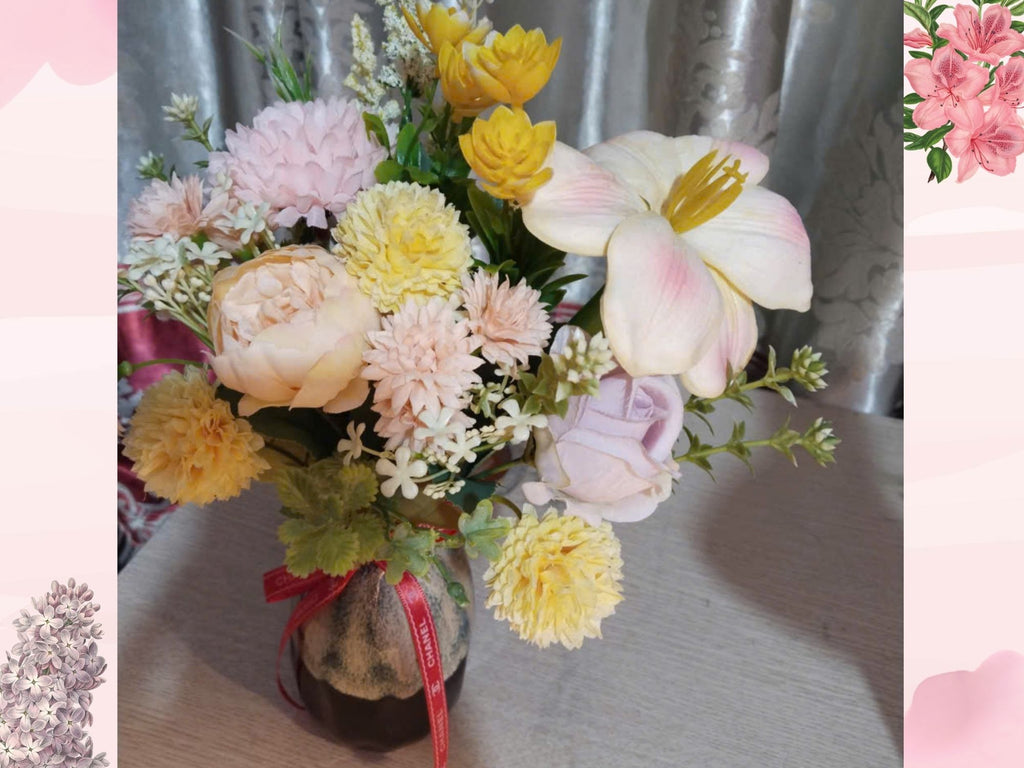 Luxury Rose-Gold Silk Flower Arrangement in Reactive Glaze Ceramic Vase