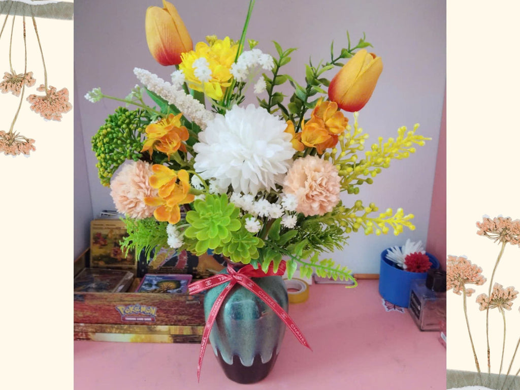 Vibrant Orange & Golden Silk Flower Arrangement in Reactive Glaze Ceramic Vase