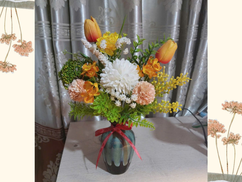 Vibrant Orange & Golden Silk Flower Arrangement in Reactive Glaze Ceramic Vase