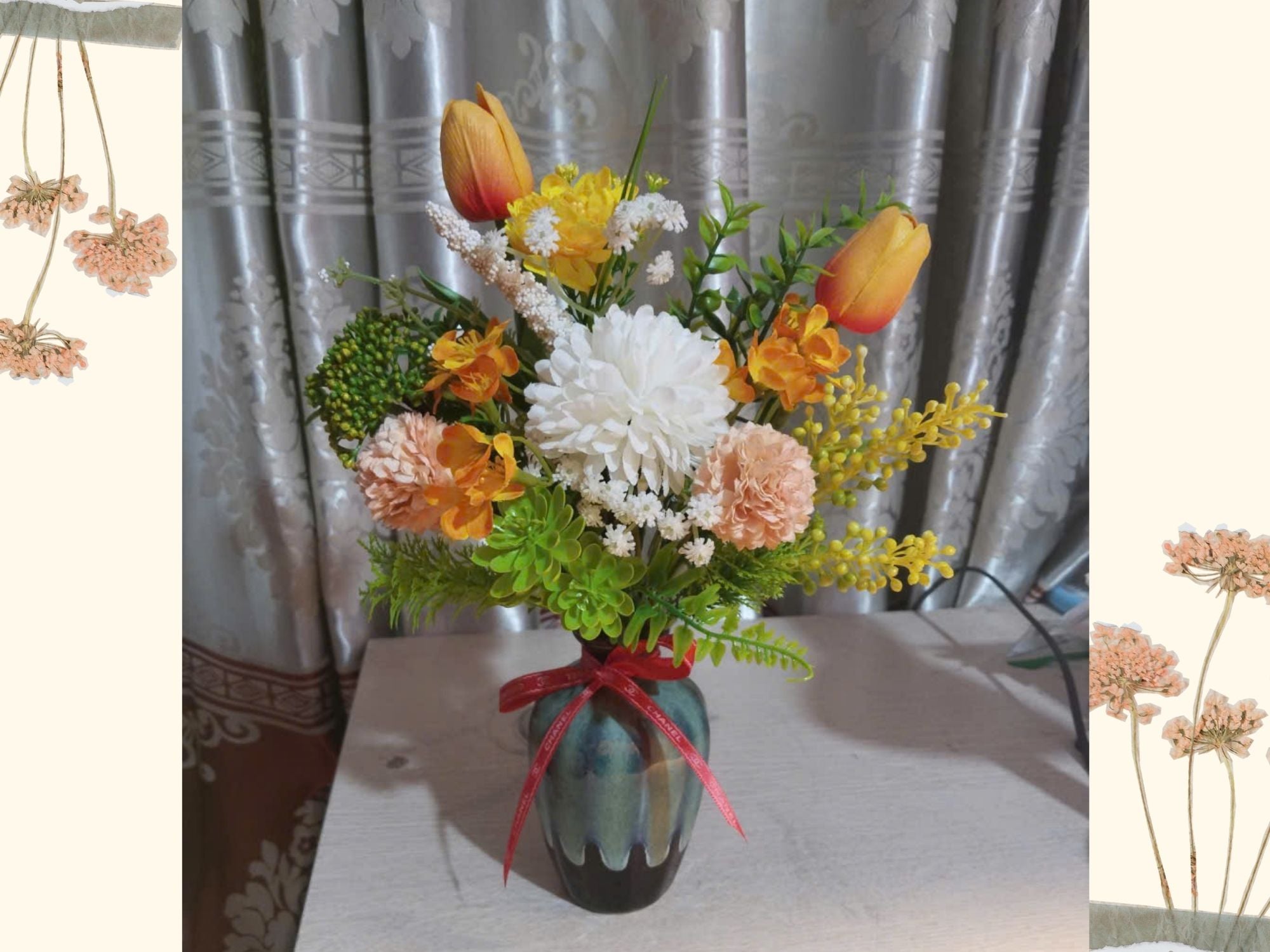 Vibrant Orange & Golden Silk Flower Arrangement in Reactive Glaze Ceramic Vase