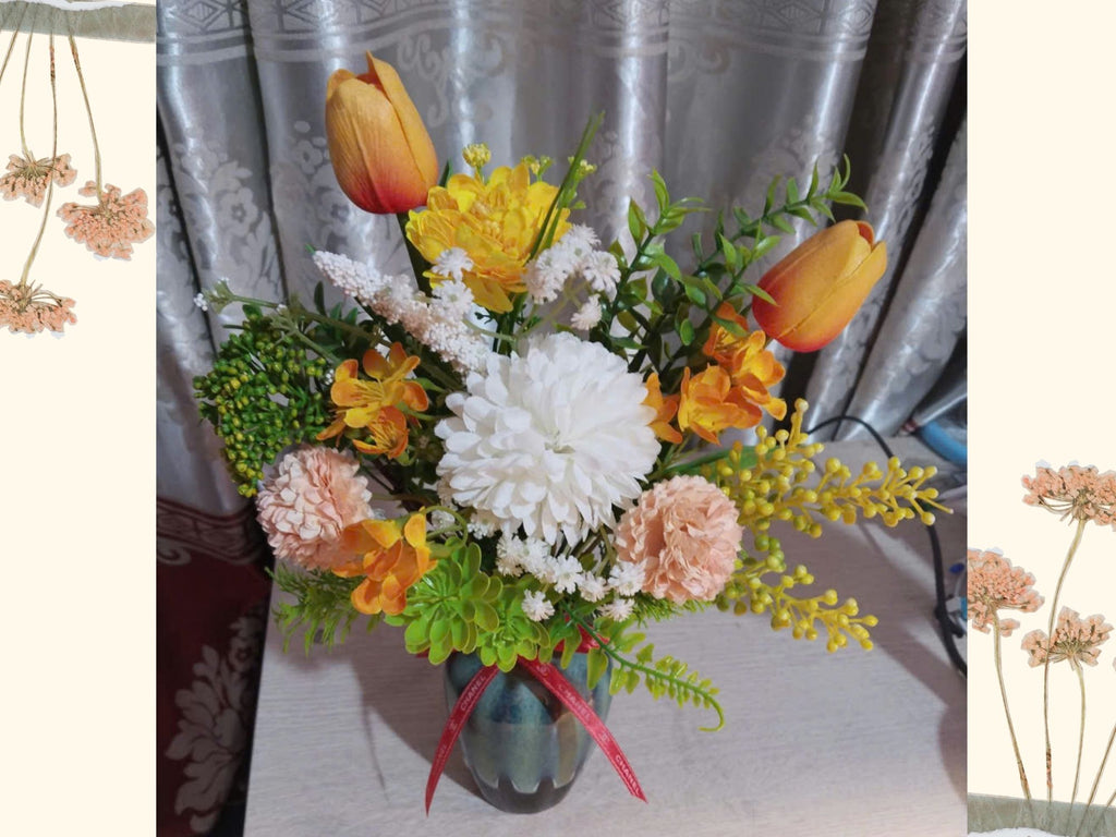 Vibrant Orange & Golden Silk Flower Arrangement in Reactive Glaze Ceramic Vase