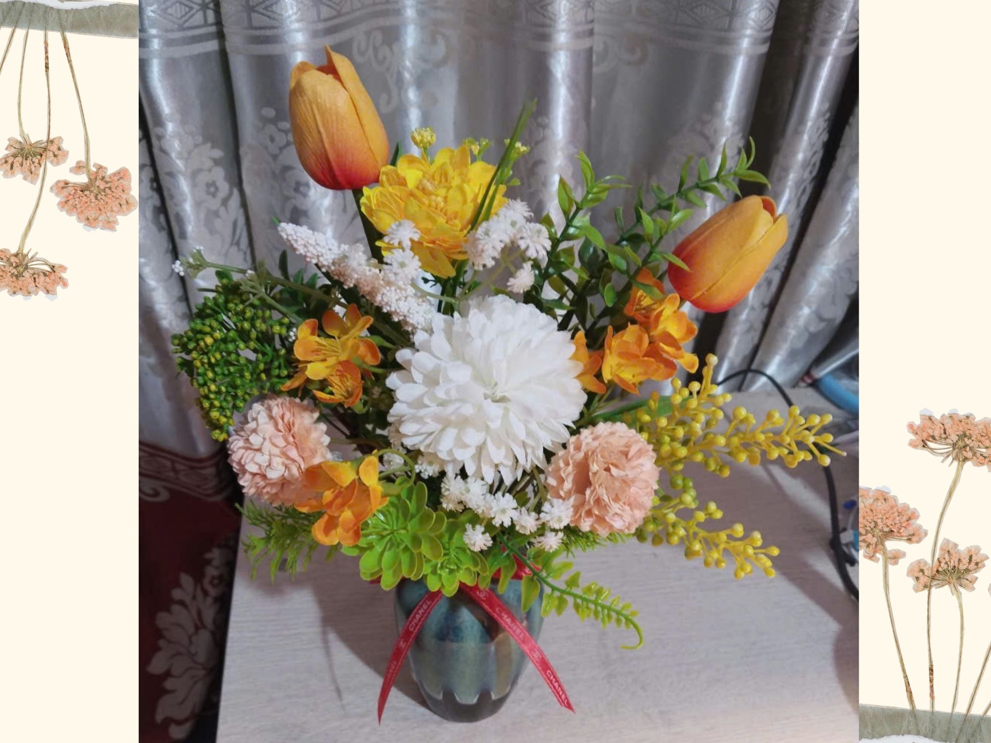 Vibrant Orange & Golden Silk Flower Arrangement in Reactive Glaze Ceramic Vase