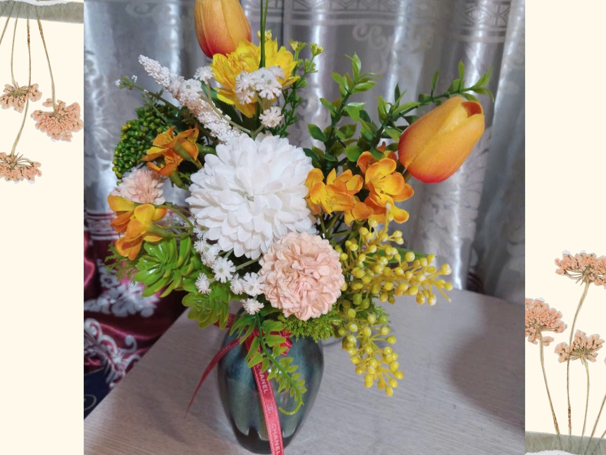 Vibrant Orange & Golden Silk Flower Arrangement in Reactive Glaze Ceramic Vase