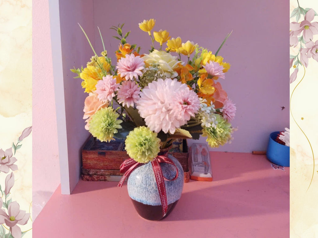 Multicolor Silk Flower Arrangement in Reactive Glaze Ceramic Vase