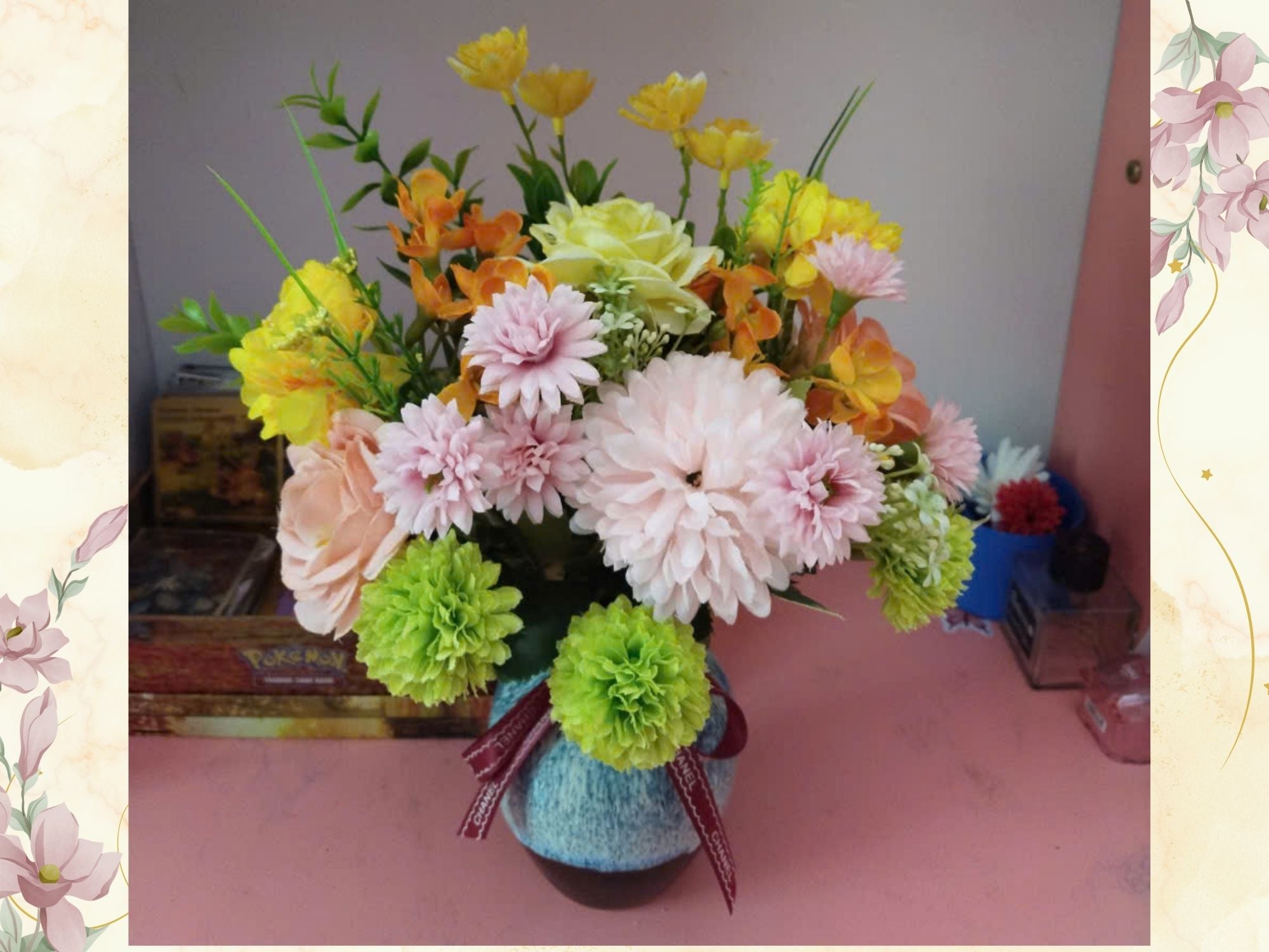 Multicolor Silk Flower Arrangement in Reactive Glaze Ceramic Vase