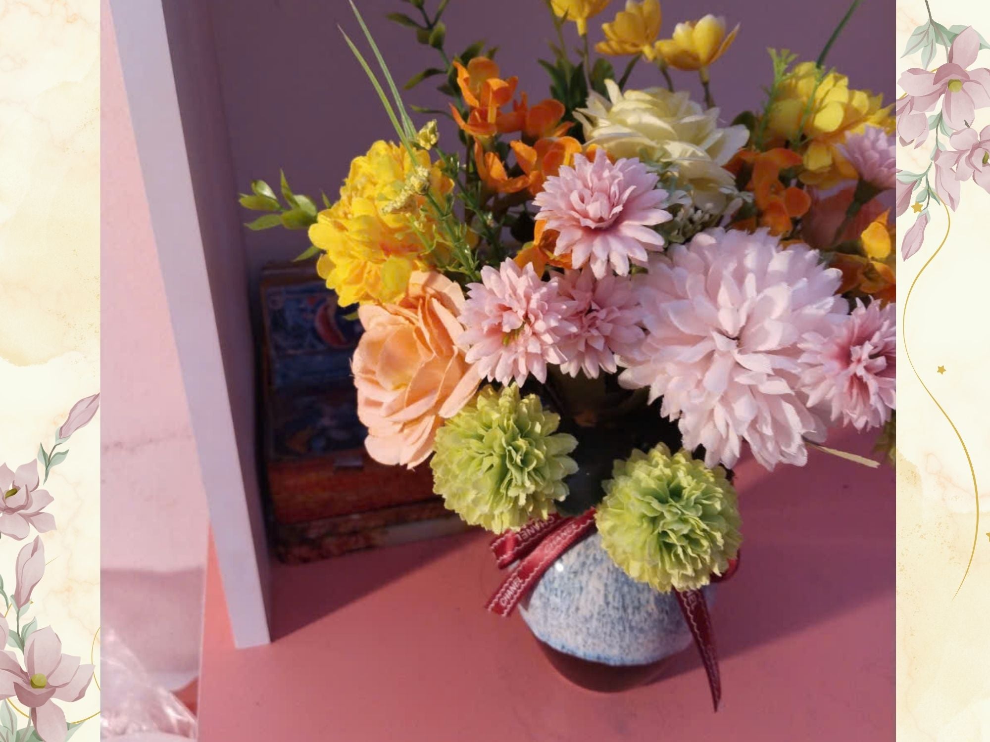 Multicolor Silk Flower Arrangement in Reactive Glaze Ceramic Vase