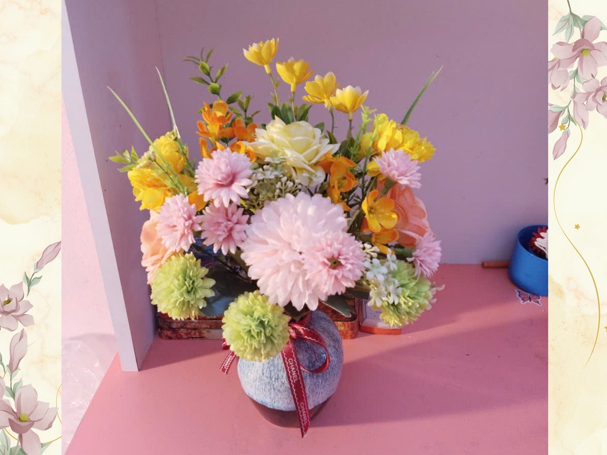 Multicolor Silk Flower Arrangement in Reactive Glaze Ceramic Vase