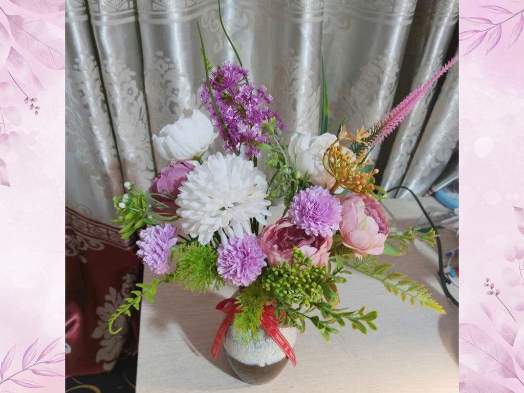 Purple & White Silk Flower Arrangement in Reactive Glaze Ceramic Vase