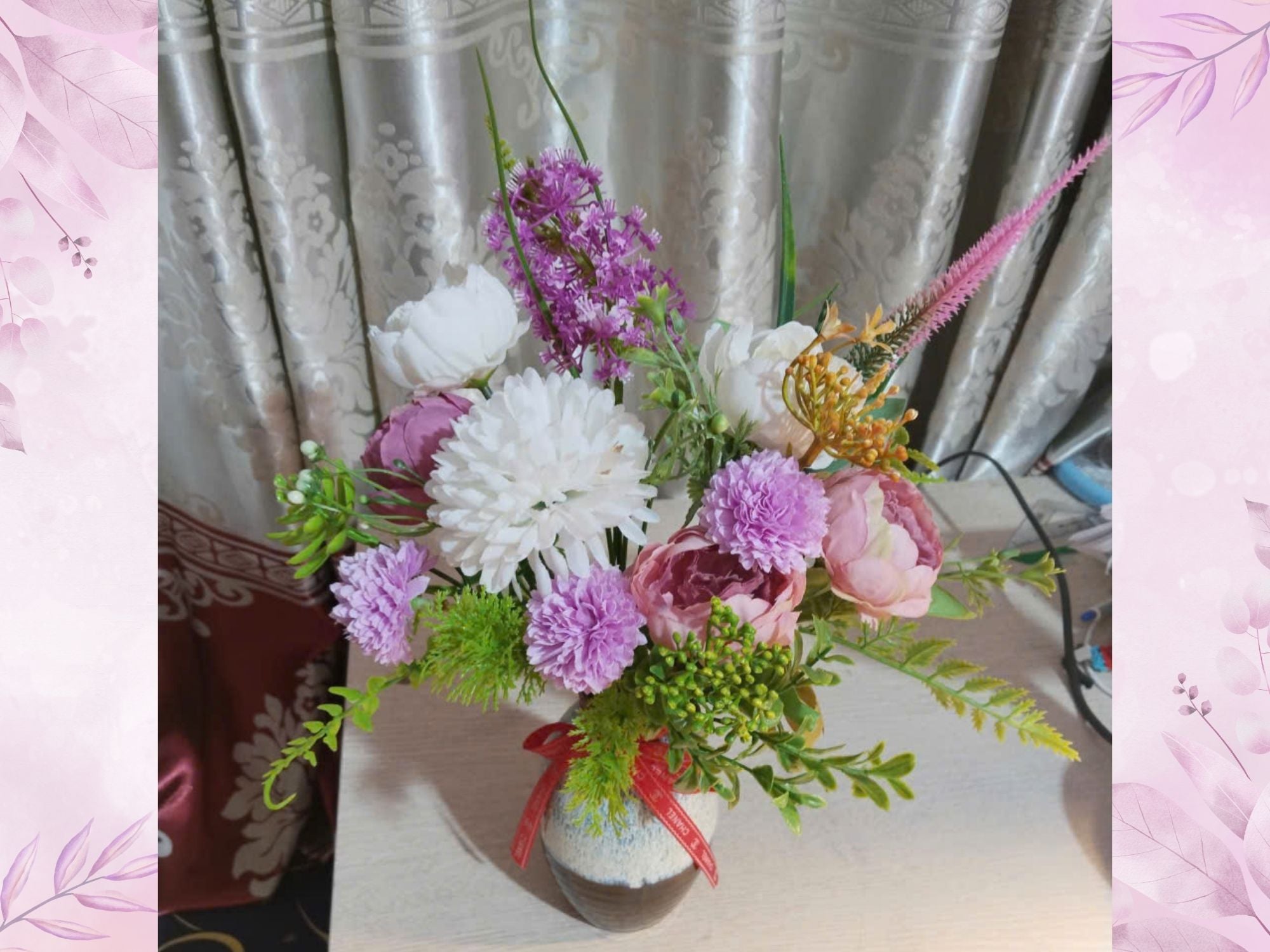 Purple & White Silk Flower Arrangement in Reactive Glaze Ceramic Vase